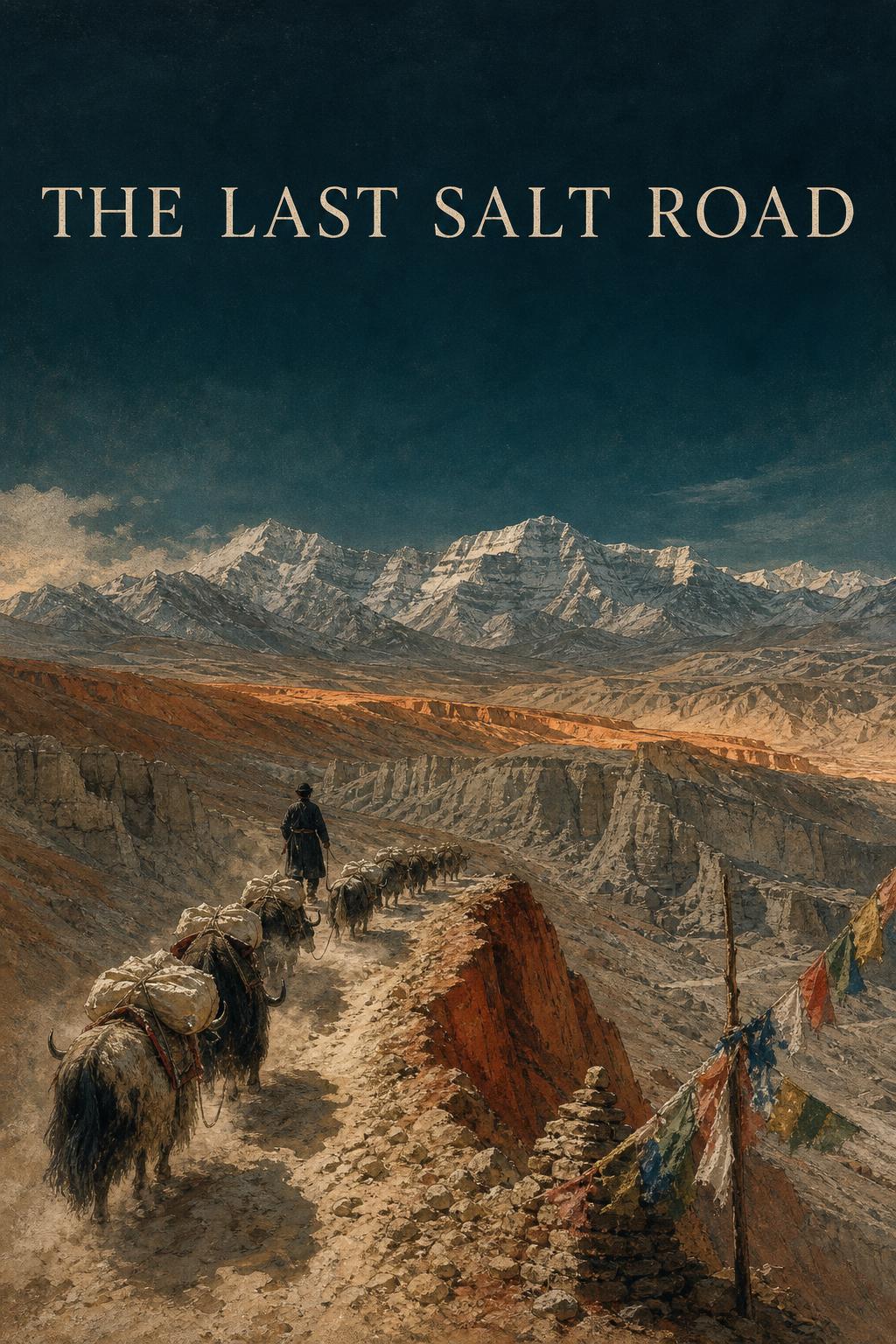 A book cover made by Doko Agent: The Last Salt Road in serif capitals over a painted Upper Mustang landscape, with a yak caravan on a dusty trail, prayer flags, and snow peaks.