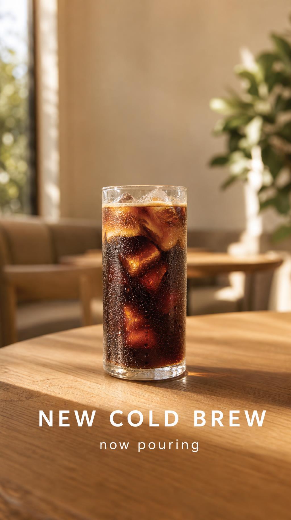 A 9:16 Instagram story made by Doko Agent: a tall glass of iced cold brew on a wooden café table in warm window light, with New Cold Brew, now pouring, written below.
