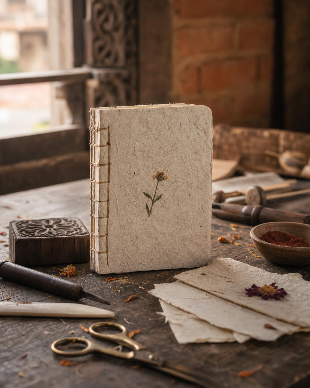 A product photo made by Doko Agent: a hand-bound lokta paper notebook with a pressed flower on its cover, on a craftsman's workbench in Bhaktapur.