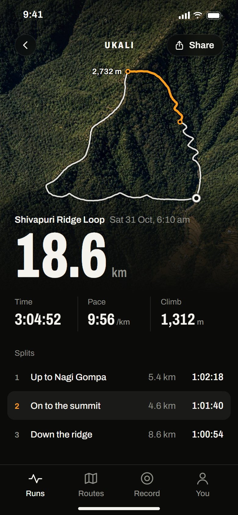A running app on a phone, in one of Doko's designs: a trail run on Shivapuri drawn over a terrain map, 18.6 km, the time, pace and climb, and three splits with the second one chosen.