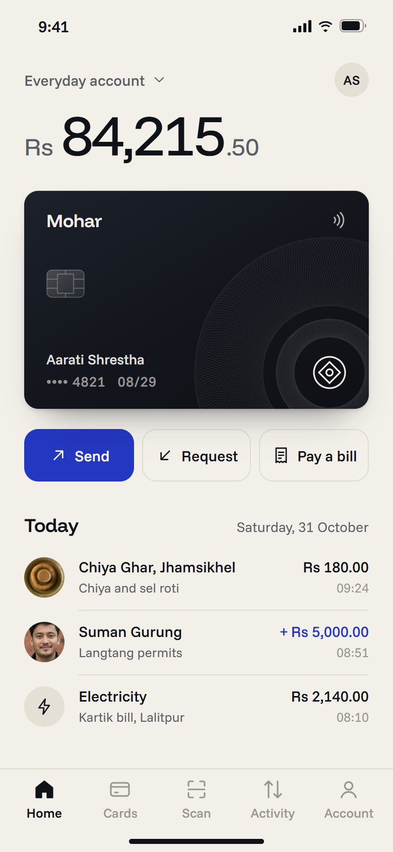 A money app on a phone, in one of Doko's designs: the balance in rupees, a dark payment card with an engraved coin seal, buttons to send, request and pay a bill, and today's three payments.
