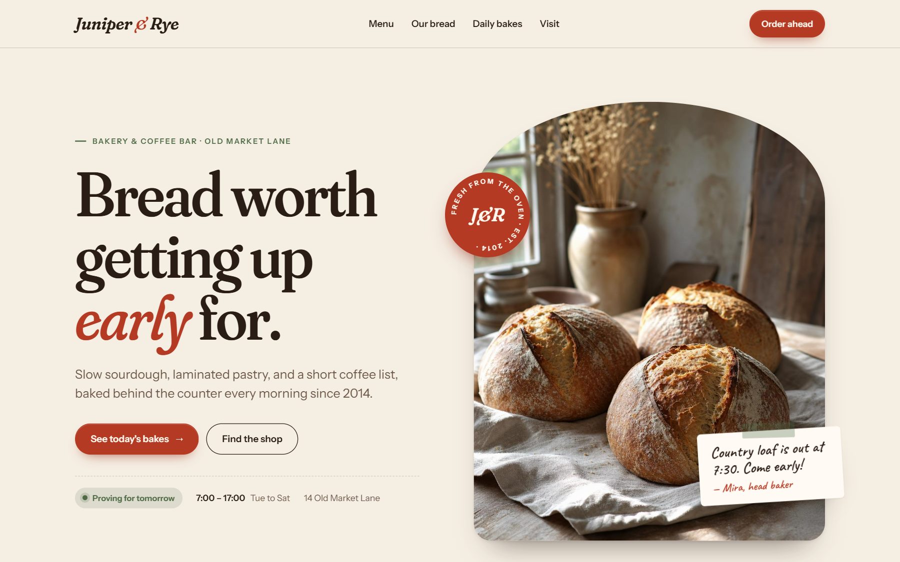 A bakery website in one of Doko’s designs: the headline Bread worth getting up early for, beside a photo of sourdough loaves.