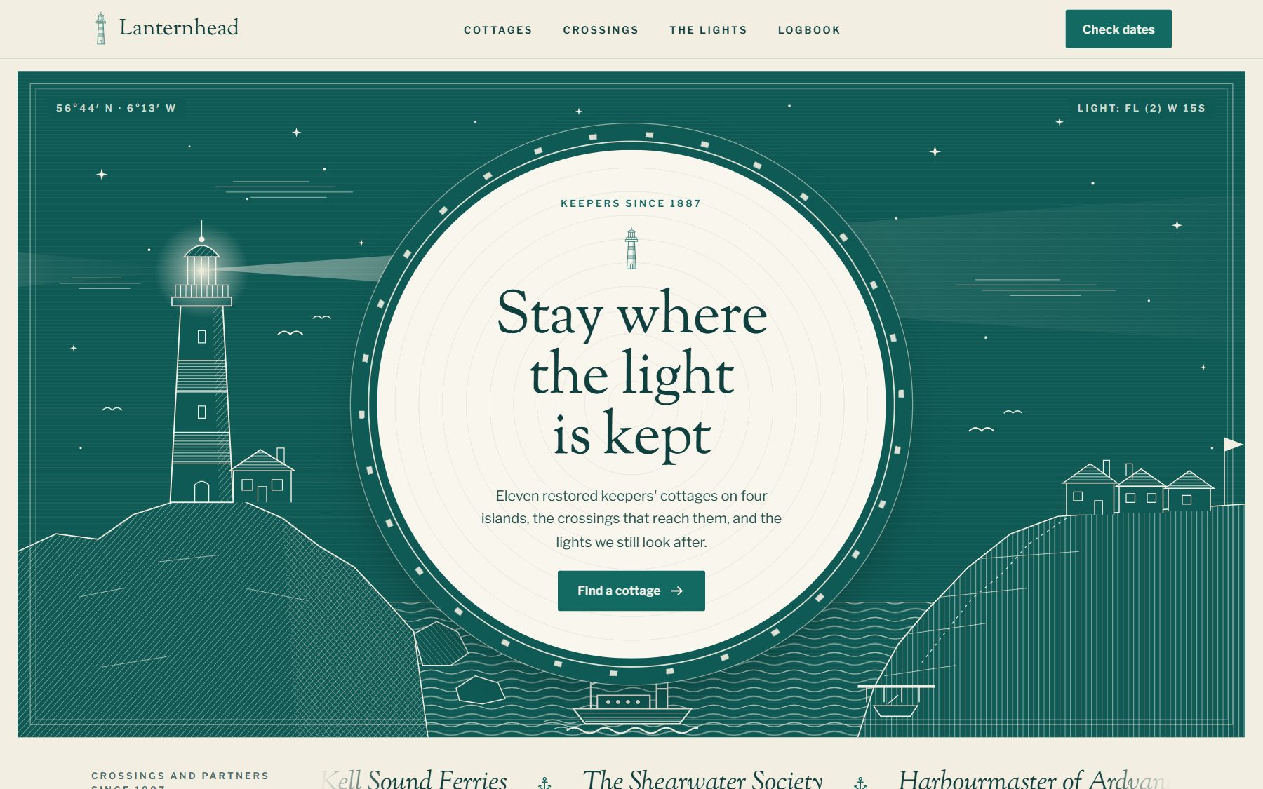 A coastal cottages website in one of Doko's designs: the headline Stay where the light is kept, inside a ring over a drawn lighthouse.