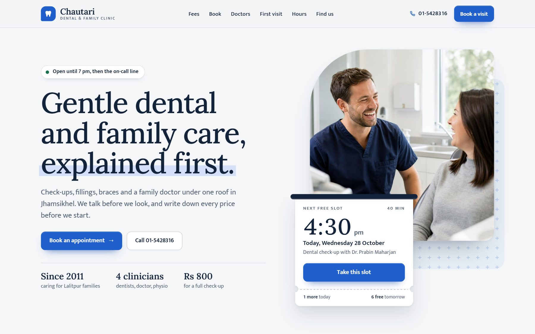 A dental clinic website in one of Doko's designs: the headline Gentle dental and family care, explained first, with a booking card and a photo of a dentist with a patient.