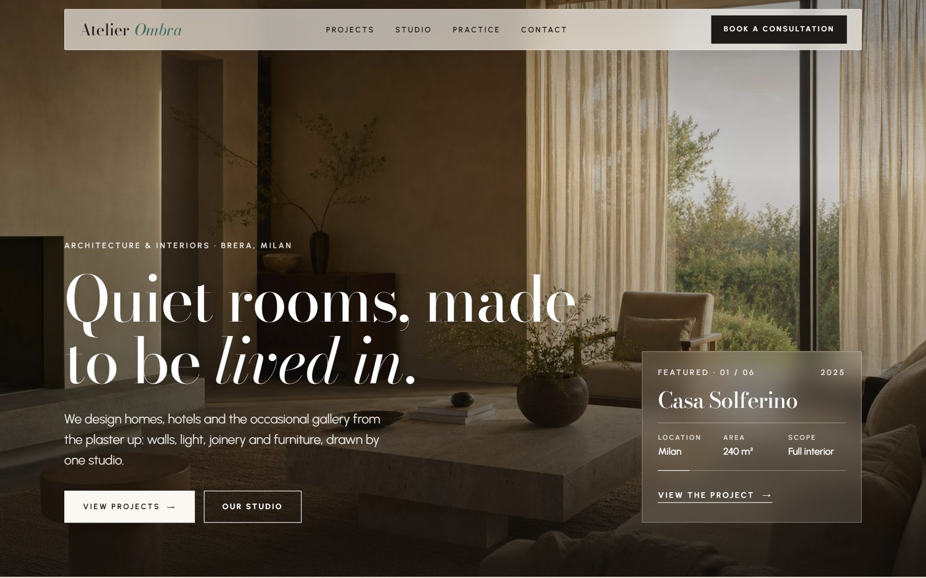 An interior architecture website in one of Doko’s designs: the headline Quiet rooms, made to be lived in, over a full-width photo of a calm living room.