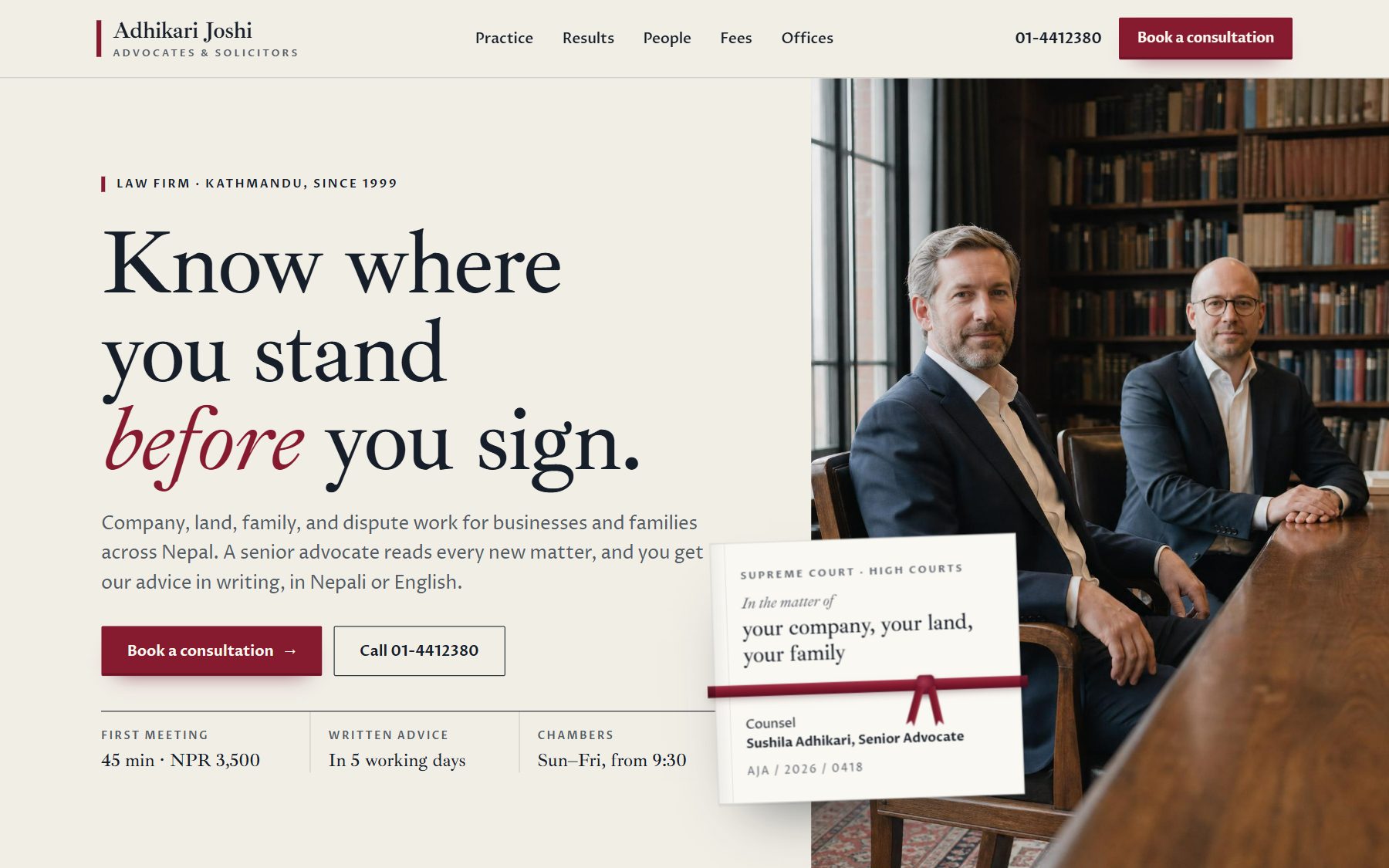 A law firm website in one of Doko’s designs: the headline Know where you stand before you sign, beside a photo of two partners in a book-lined office.