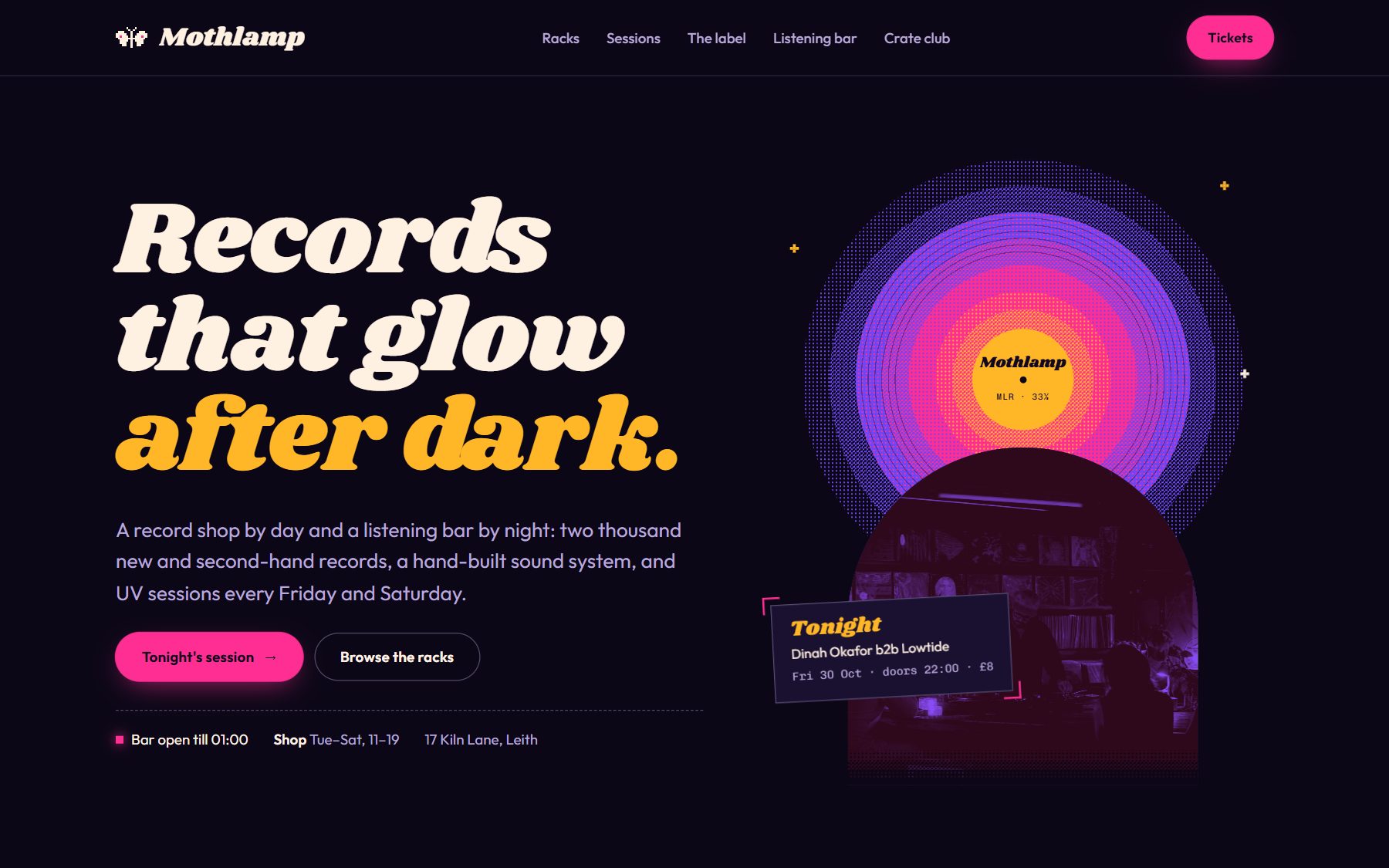 A record shop website in one of Doko's designs: the headline Records that glow after dark, in bold type on a night-purple page.