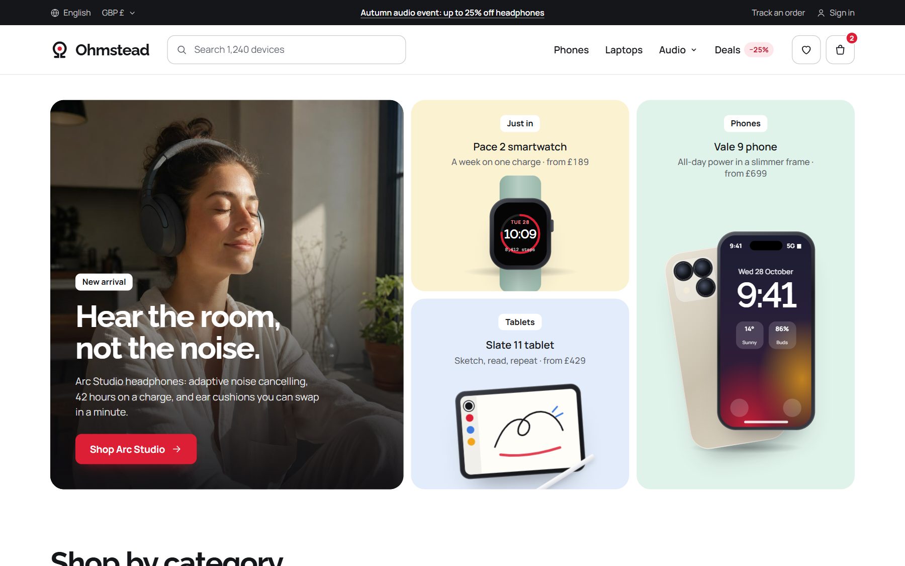 An electronics store website in one of Doko's designs: a search bar, a headphones banner with a photo, and cards for a watch, a tablet and a phone.