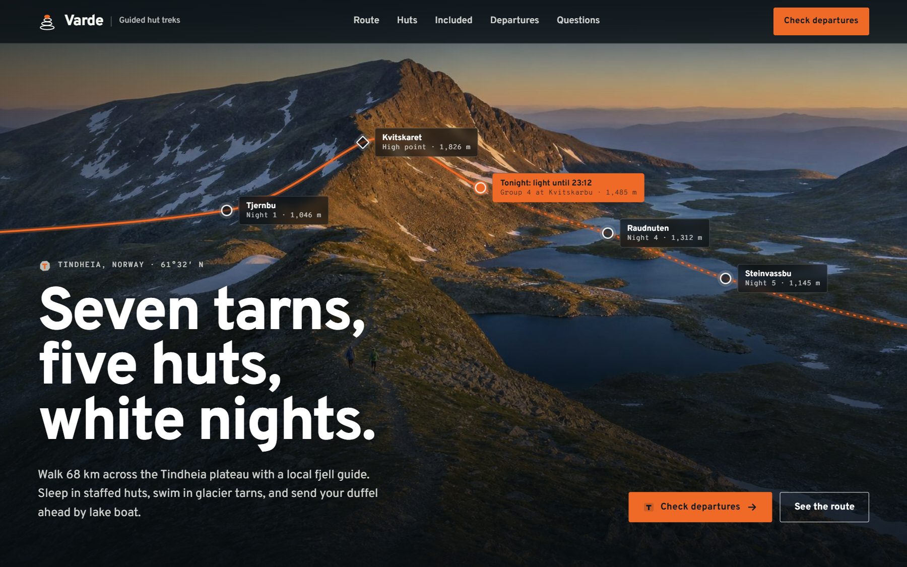 A guided trekking website in one of Doko's designs: the headline Seven tarns, five huts, white nights, over a photo of mountain lakes with the route drawn on it.